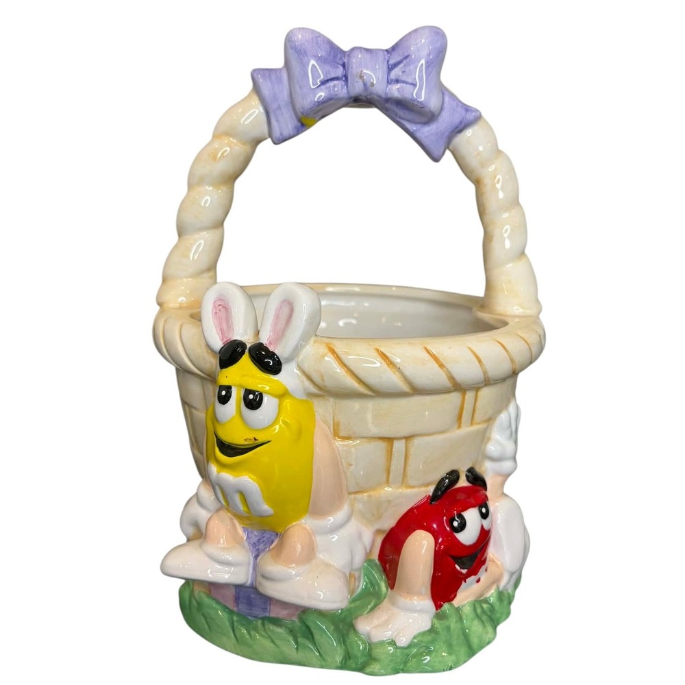 M&M's Mars Easter Ceramic Basket Planter FTD Yellow Red Bunny Characters 8"